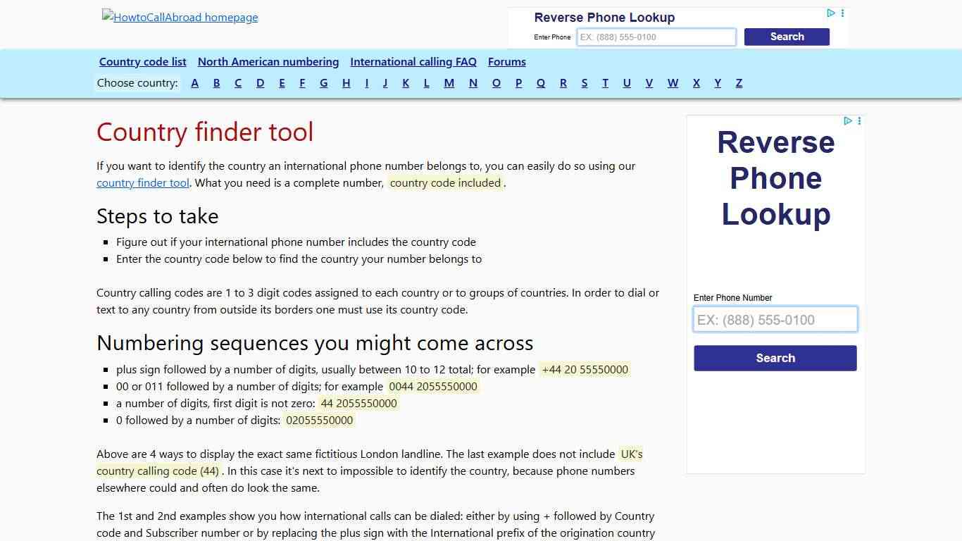 Country finder tool for international phone numbers